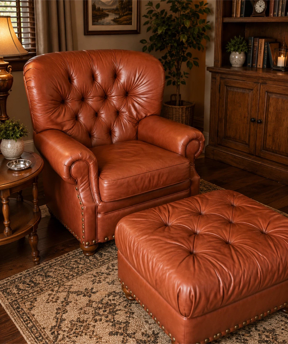 Lazboy Leather Tufted Armchair and Ottoman Set
