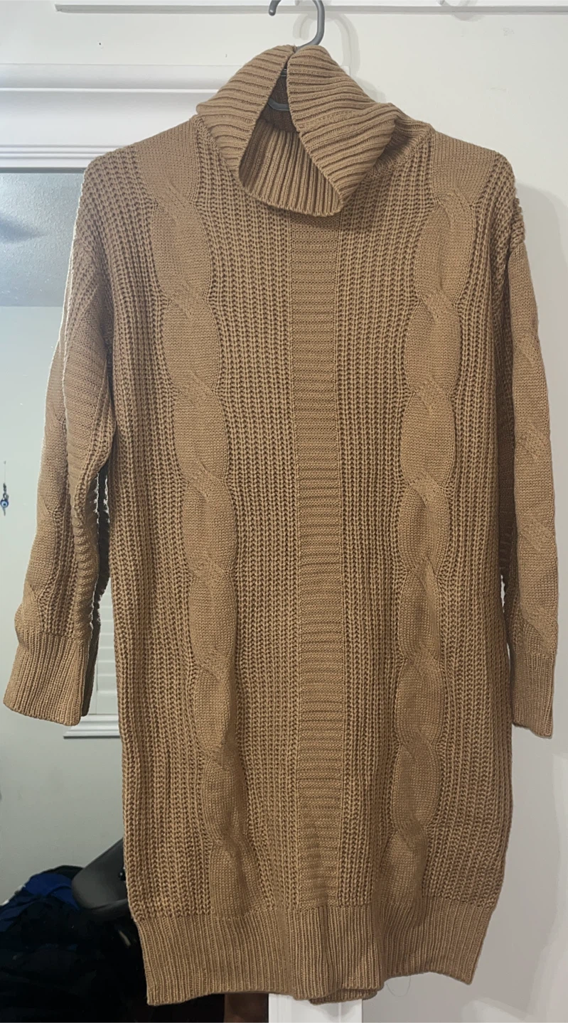 Women's Camel Cable Knit Turtleneck Sweater Dress