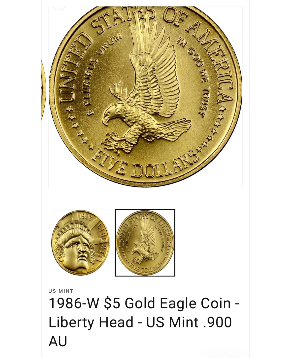1986 US Mint Gold Eagle $5 Coin - photo 3