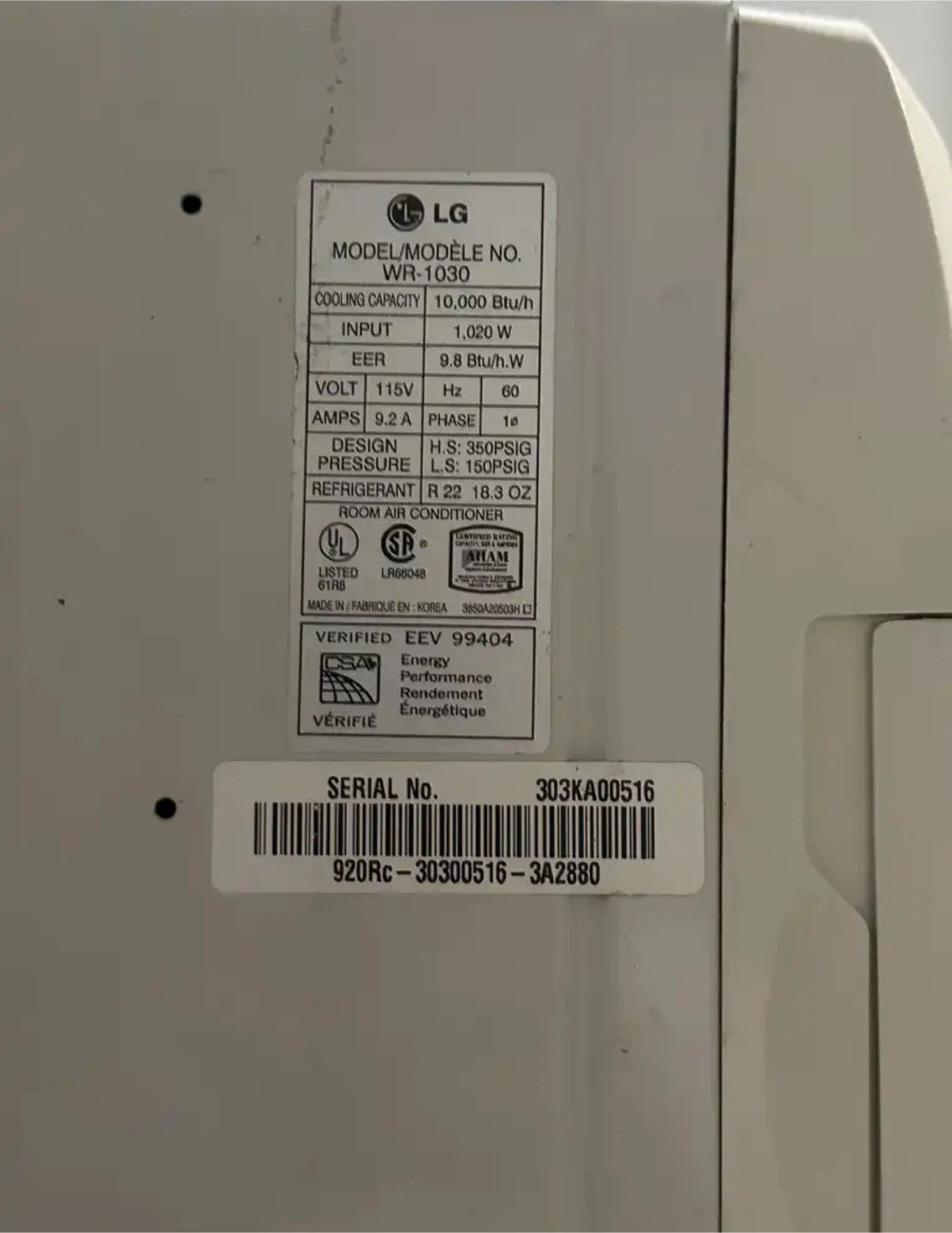 LG Window Air Conditioner WR-1030 - photo 2