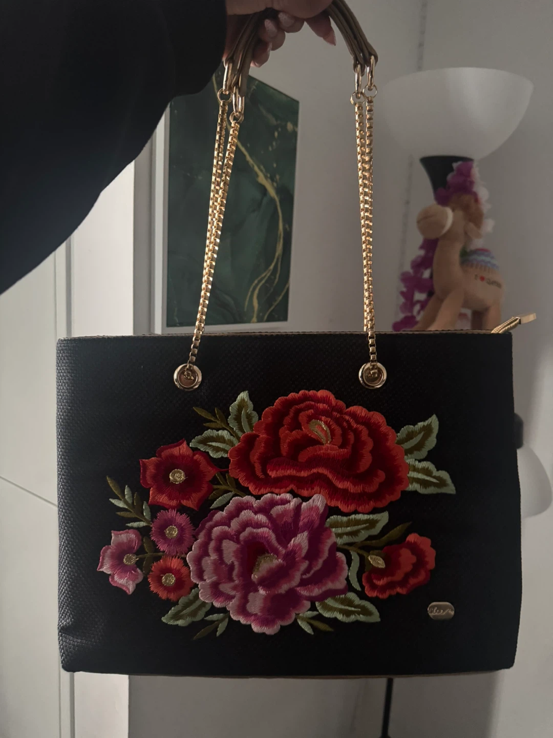 Black Embroidered Floral Handbag with Gold Chain