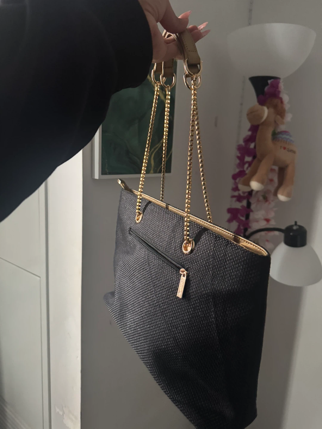 Black Embroidered Floral Handbag with Gold Chain - photo 2