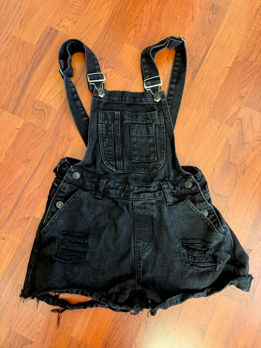 Black Distressed Denim Overalls Shorts