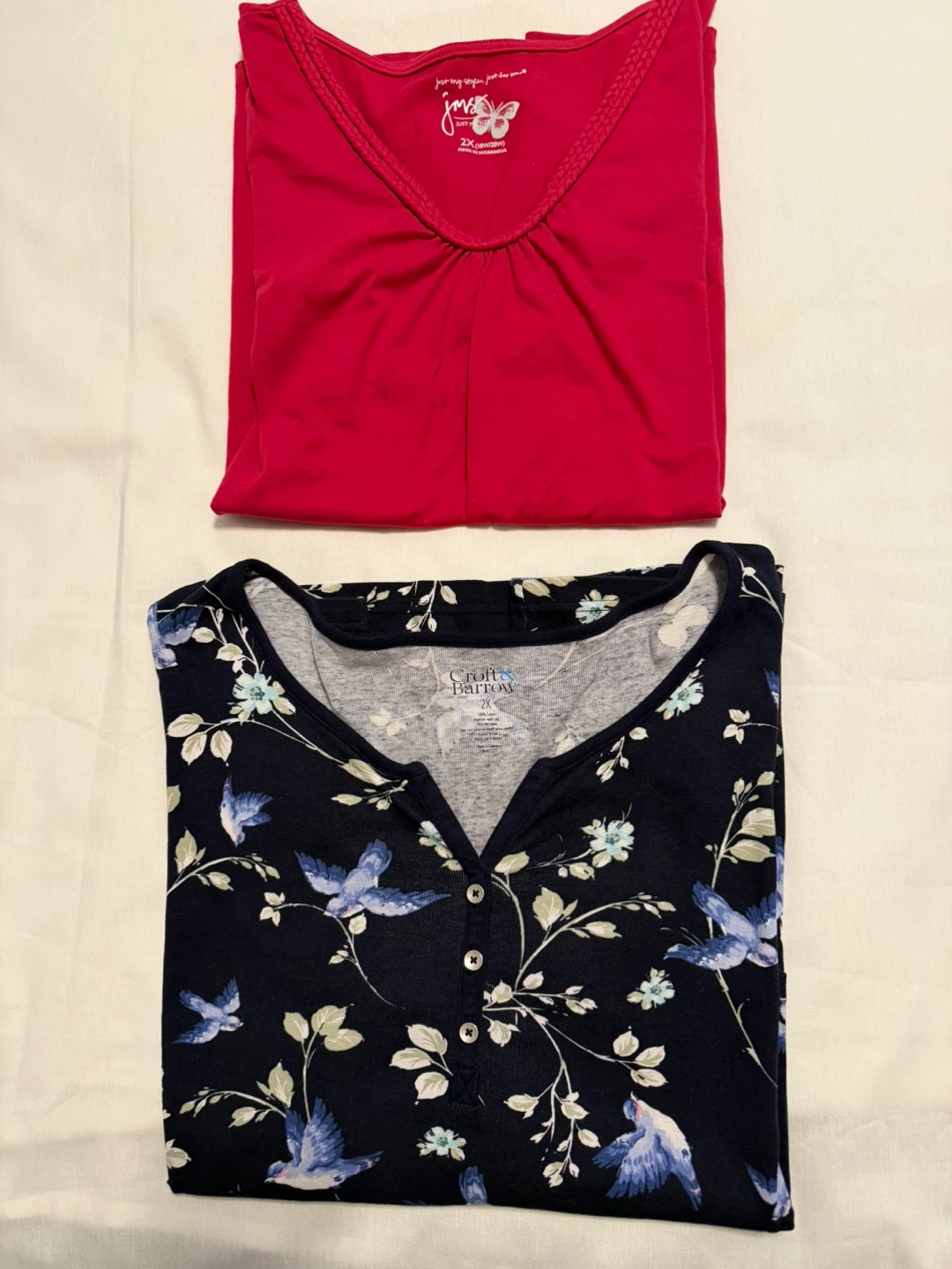 George & Barrow 2X Blue Bird Print & Pink V-Neck Tops Bundle