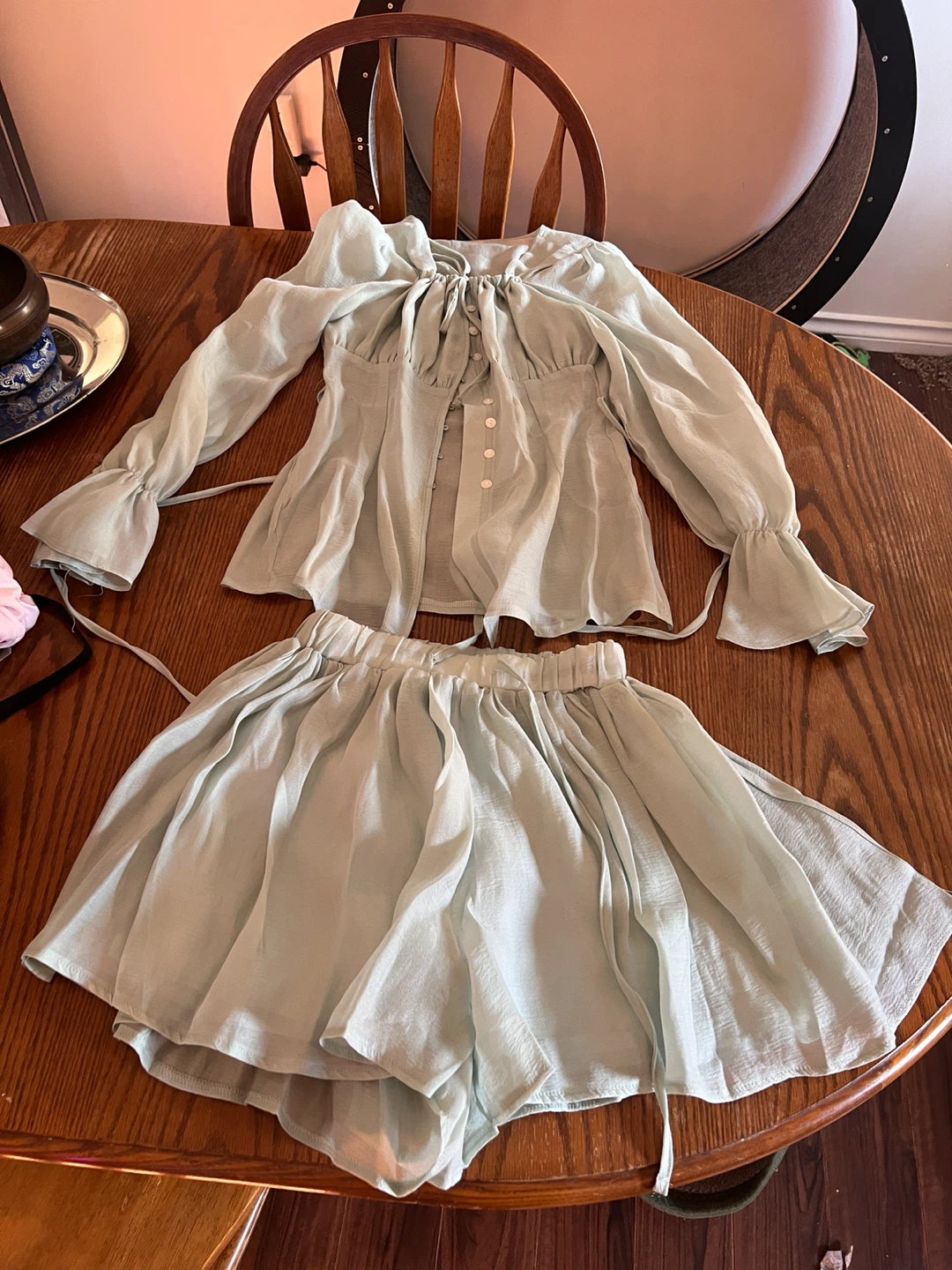 Light Blue Puff Sleeve Blouse and Shorts Set