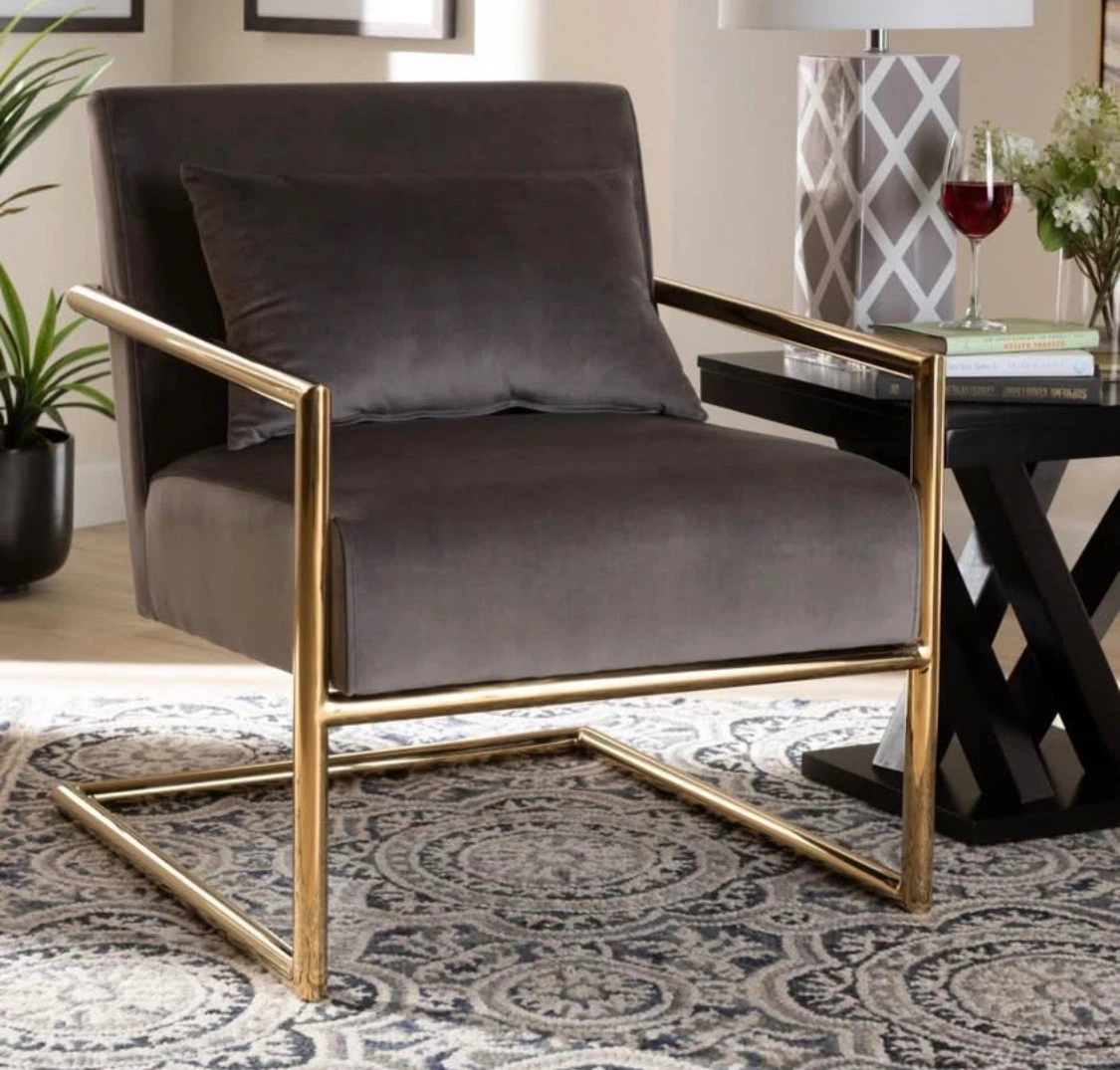 New Gray Velvet Gold Luxe Glam Upholstered Chair Gold Base