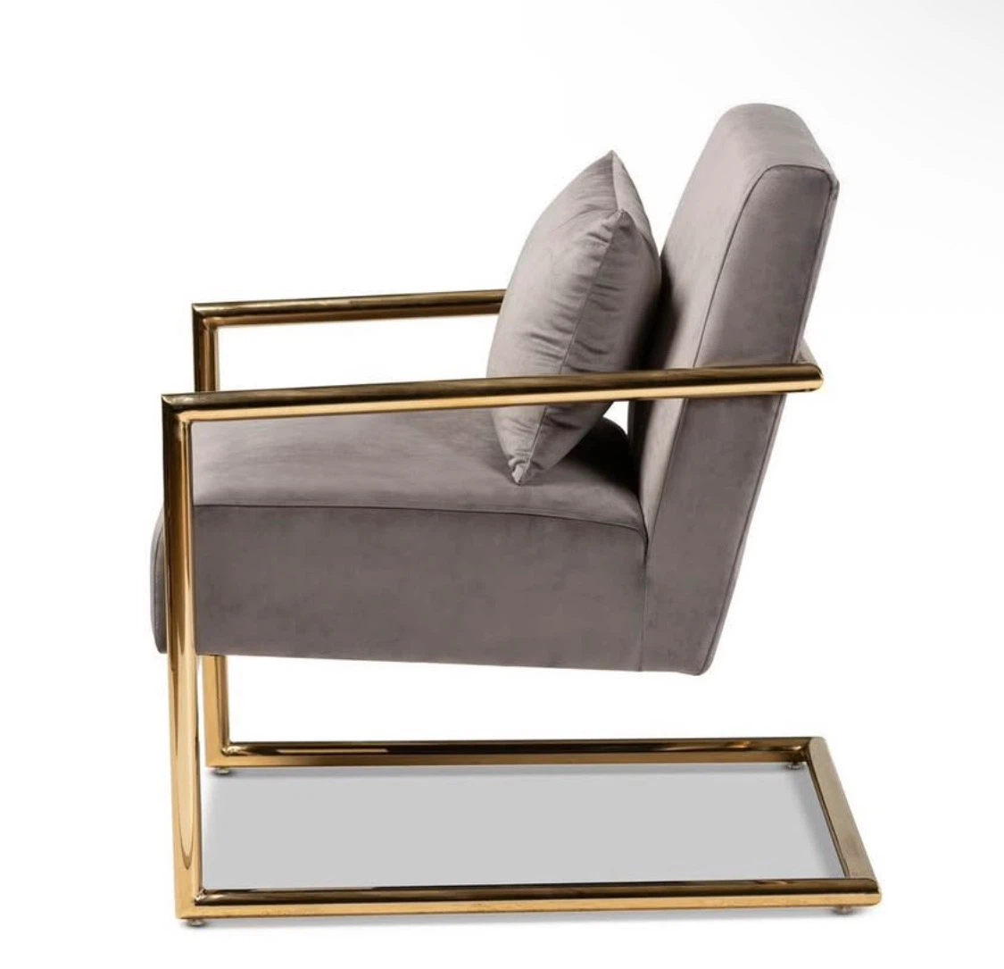 New Gray Velvet Gold Luxe Glam Upholstered Chair Gold Base - photo 3