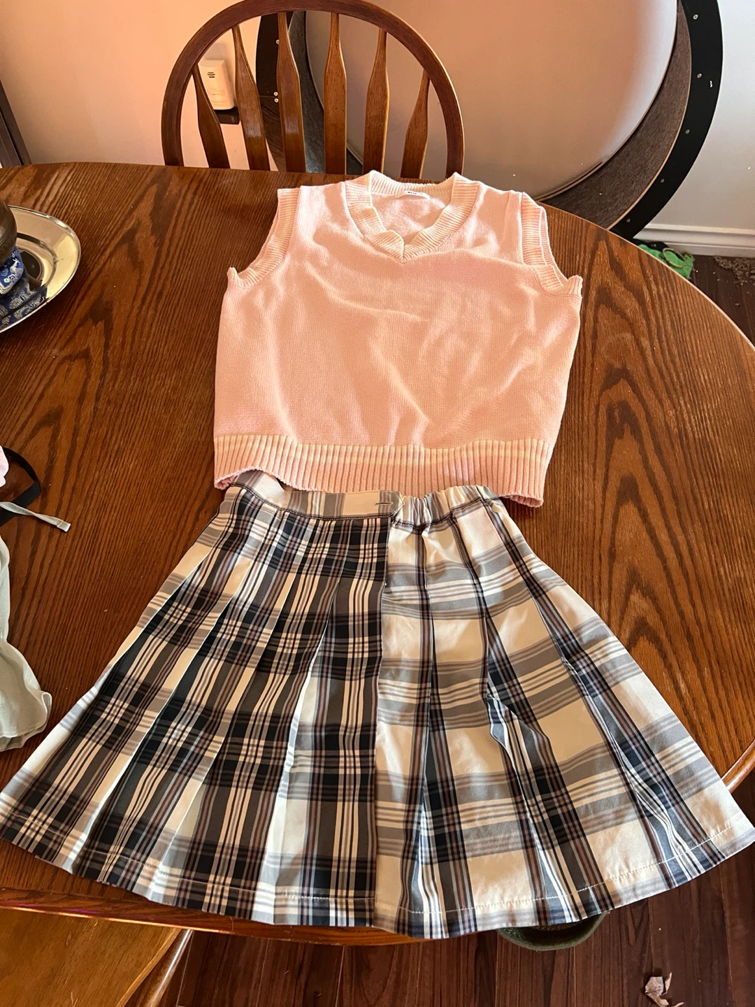 Pink V-neck Sweater Vest and Plaid Skirt Set