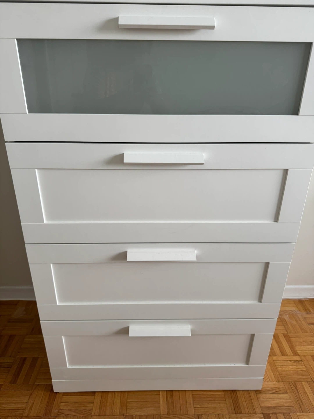 Ikea white Brimnes 4 Drawer Dresser with frosted panel
