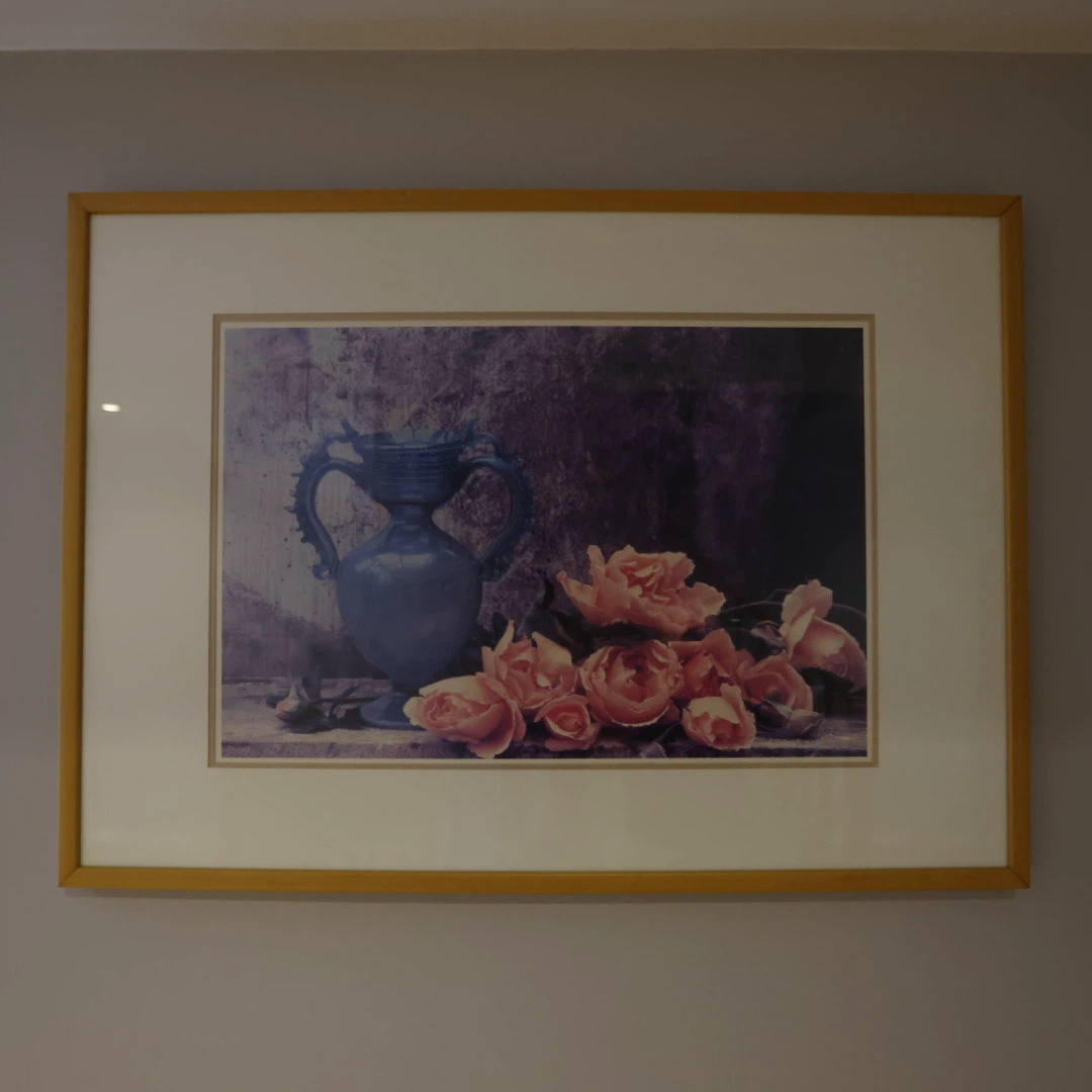 Framed Still Life Print of Blue Urn and Peaches Roses