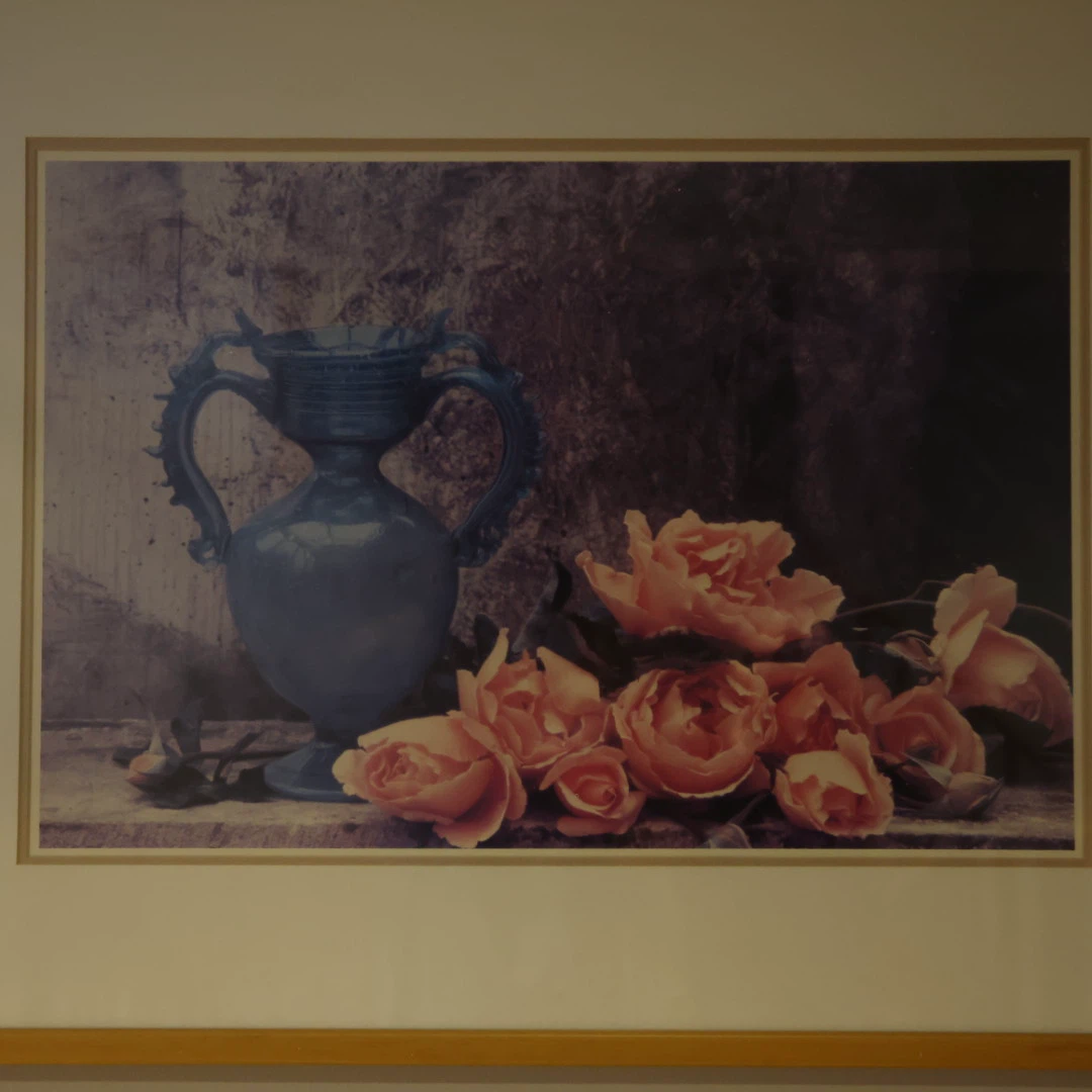 Framed Still Life Print of Blue Urn and Peaches Roses - photo 2