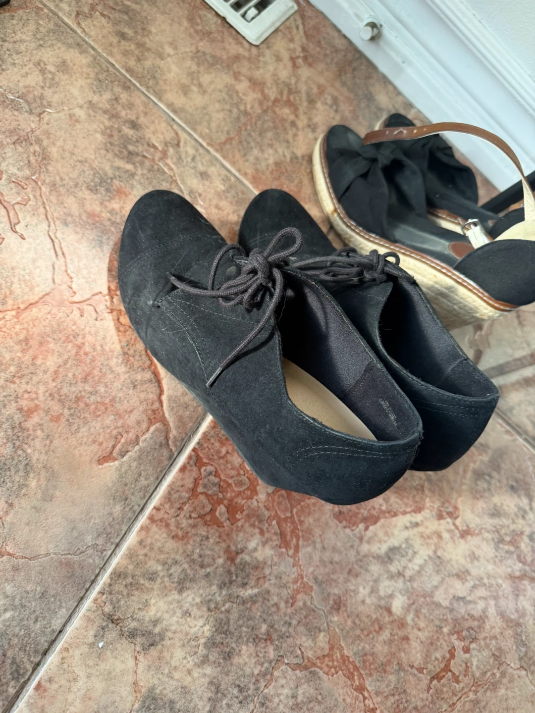 George Black Suede Lace-Up Shoes & Accent Black Wedge Sandals