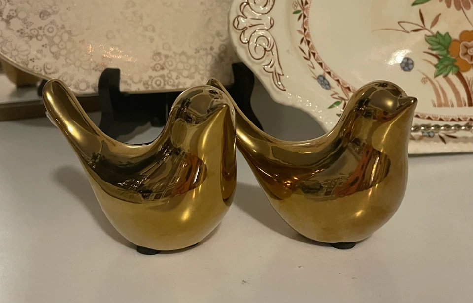 Set of 2 Gold Ceramic Bird Figurines