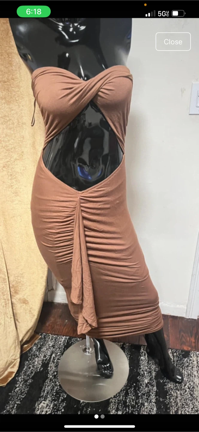 Brown Strapless Ruched Cutout Midi Dress