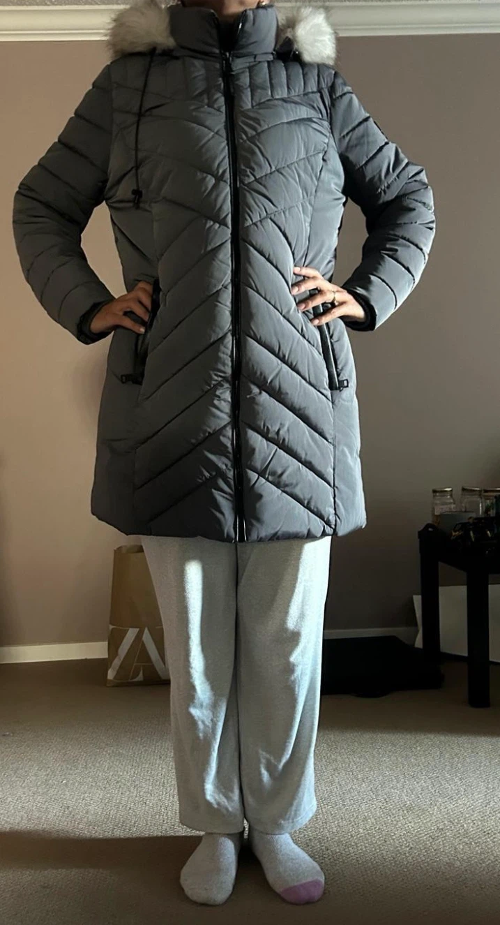 Women's Grey Puffer Coat with Fur Hood