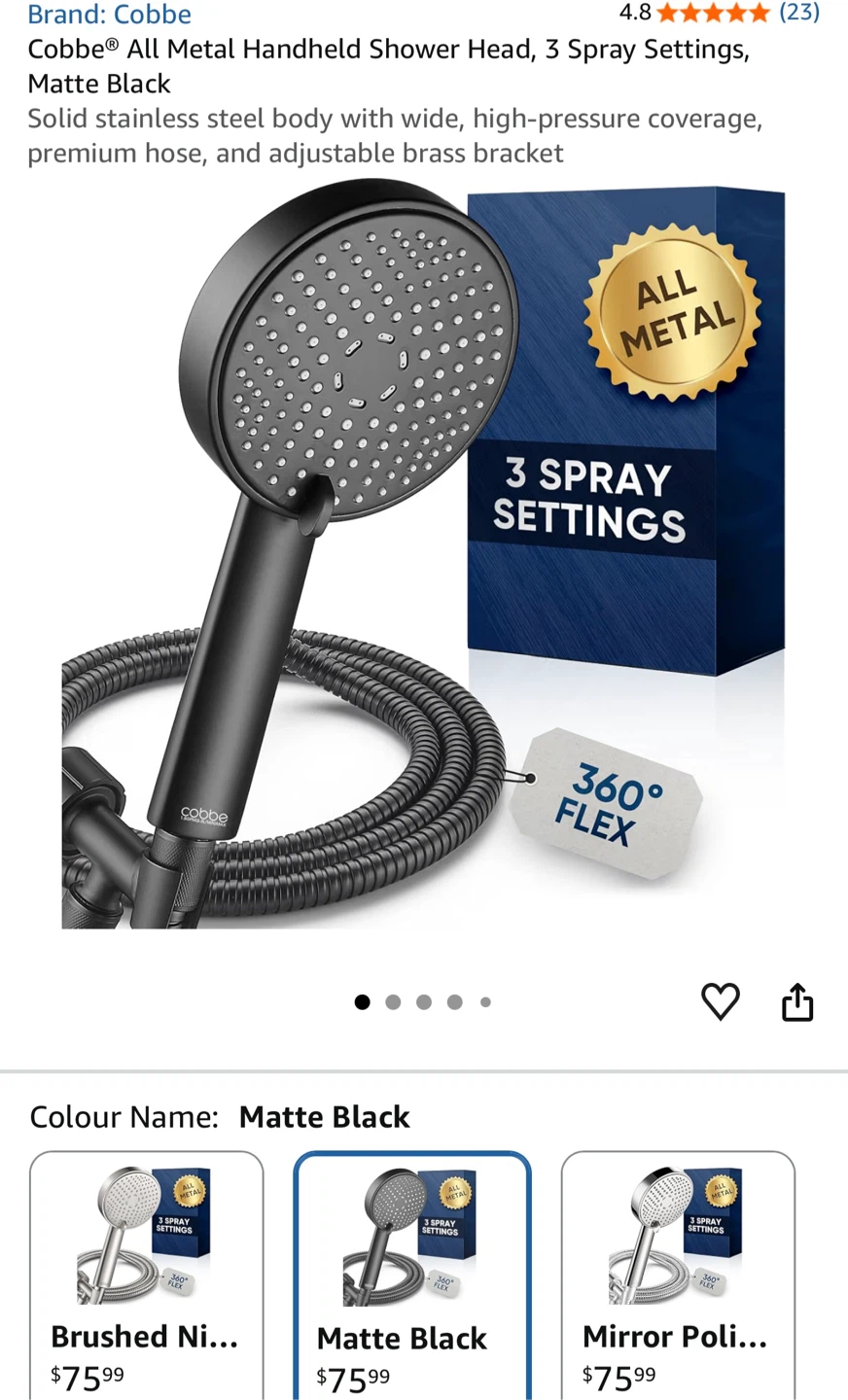 Cobbe Handheld Shower Head, Matte Black, 3 Spray Settings