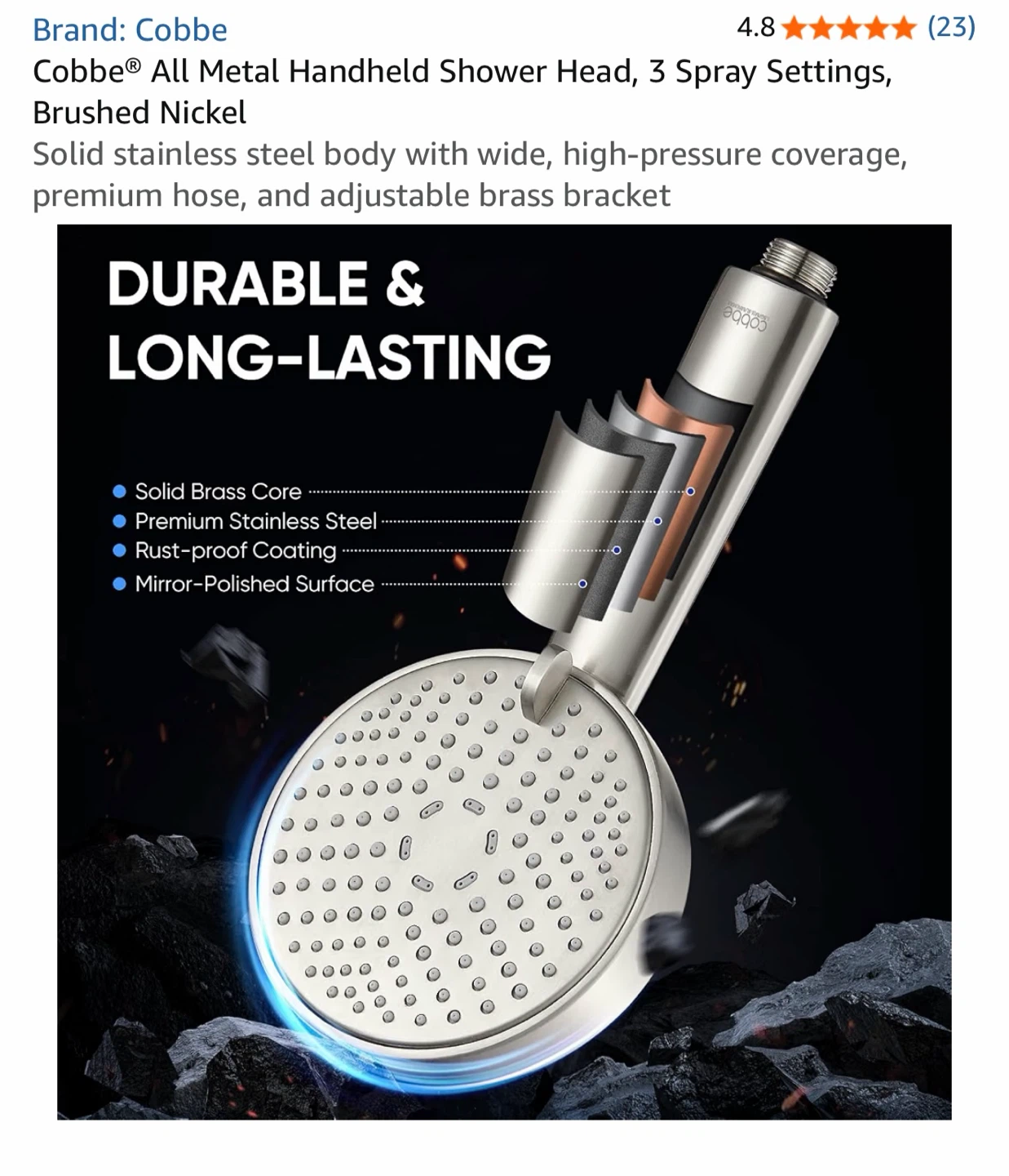 Cobbe Handheld Shower Head, Matte Black, 3 Spray Settings - photo 5