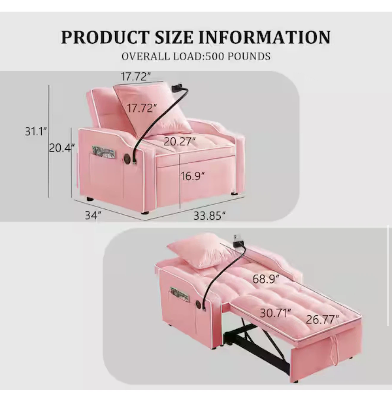 Pink Convertible Sofa Bed with Extendable Footrest - photo 4