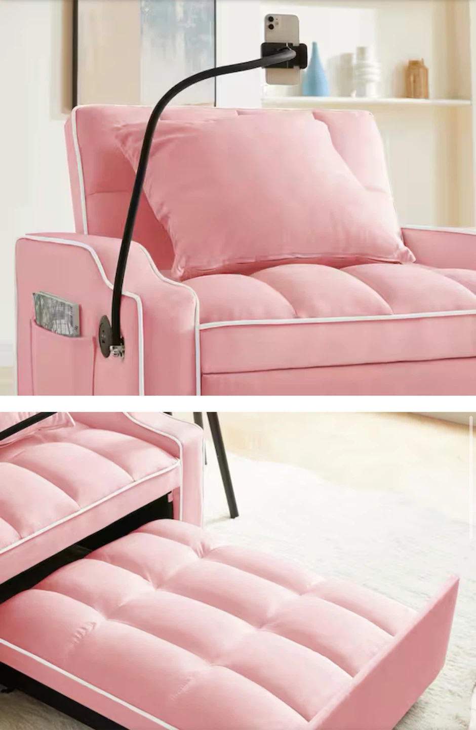 Pink Convertible Sofa Bed with Extendable Footrest - photo 5