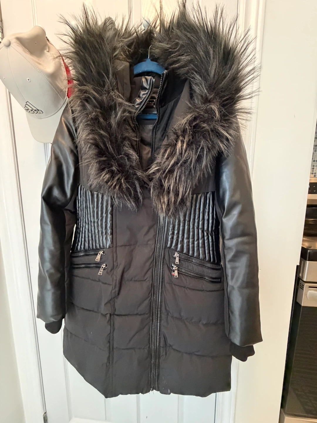 Black Puffer Coat with Faux Fur Hood