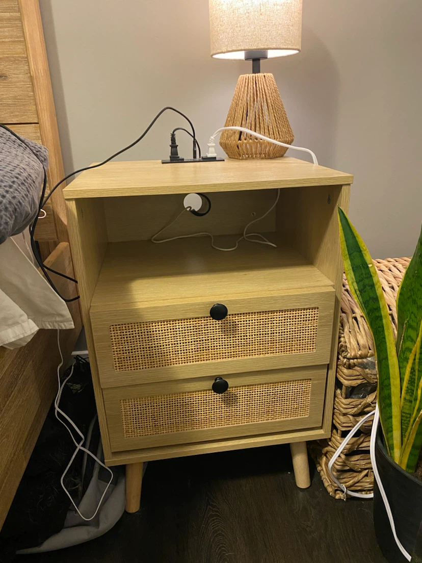 2x Wood Nightstand with 2 Rattan Drawers