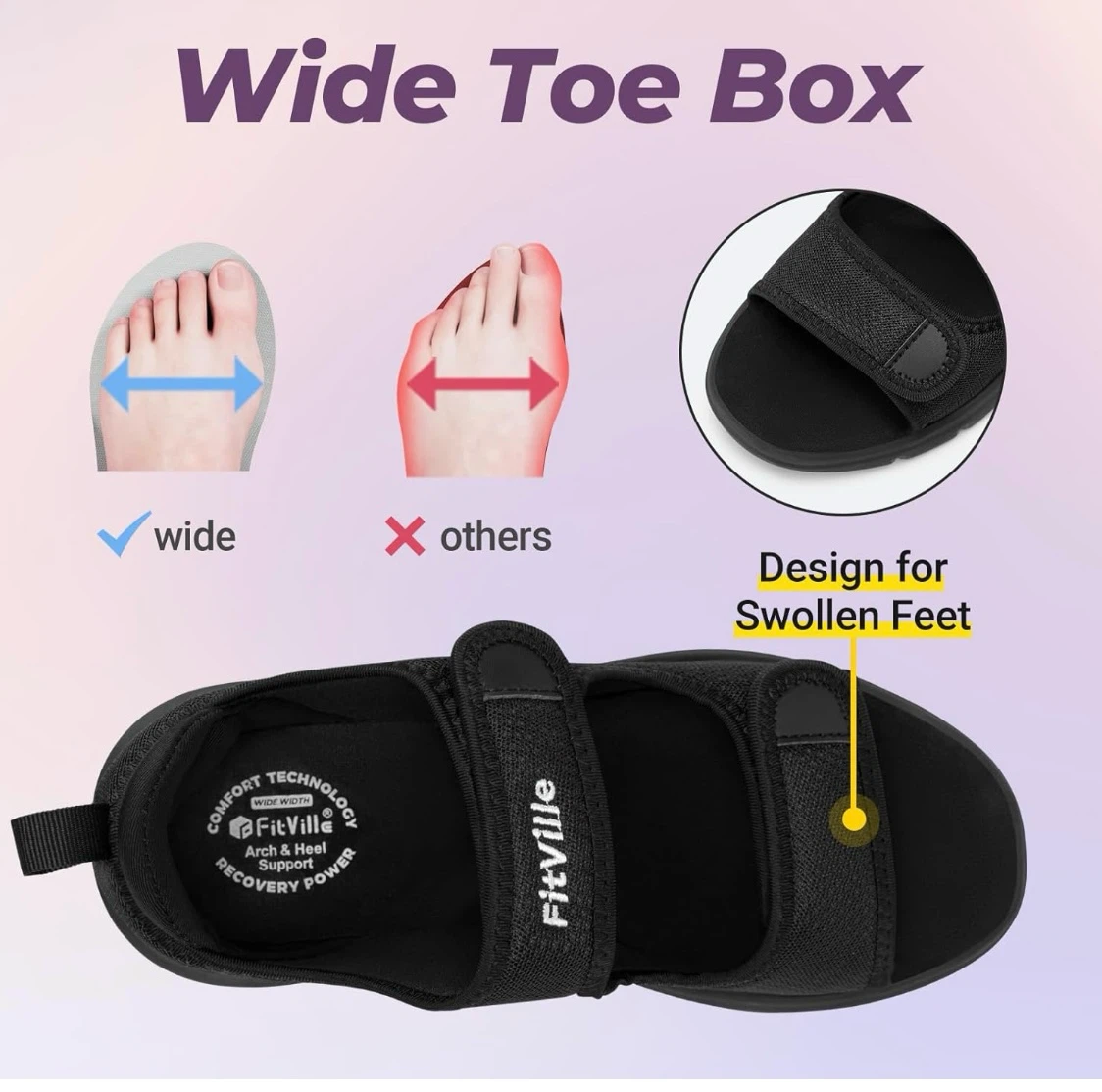 FitVille Women's Black Wide Toe Box Sandals - photo 3