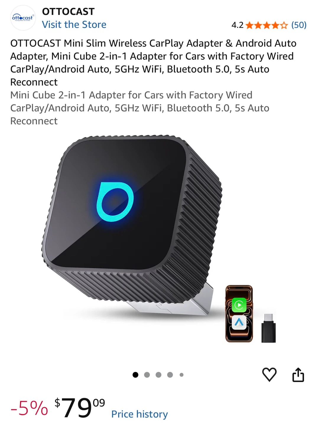 OTTOCAST Mini Slim Wireless CarPlay/Android Auto Adapter