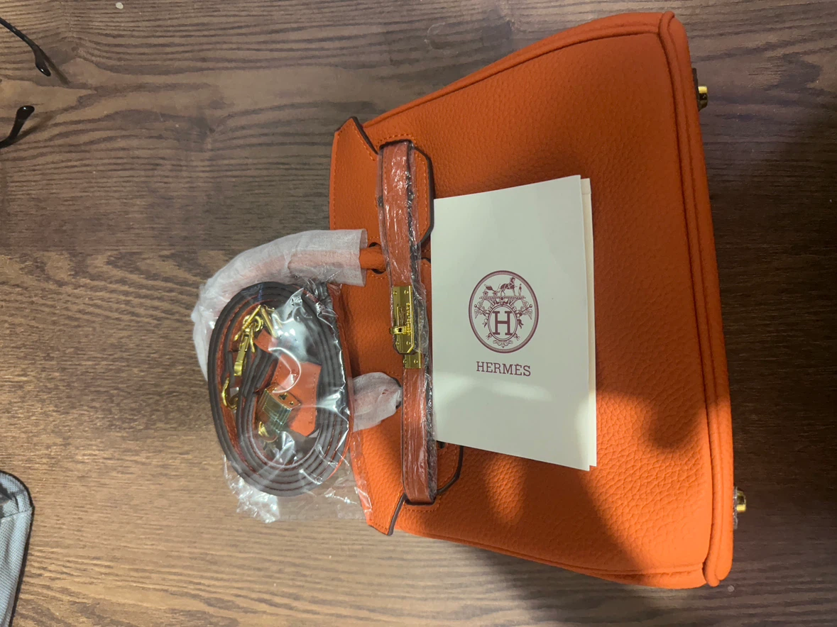 Orange Textured Leather Handbag with Shoulder Strap