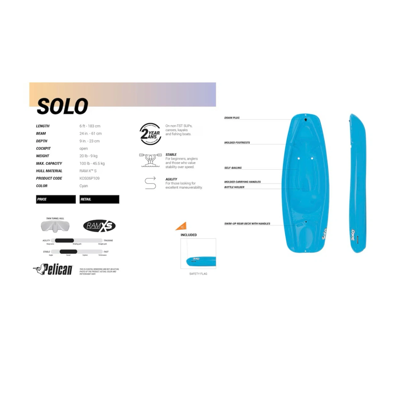 New Pelican Solo Kids Sit-on 1-Person Kayak, 6-ft - photo 2