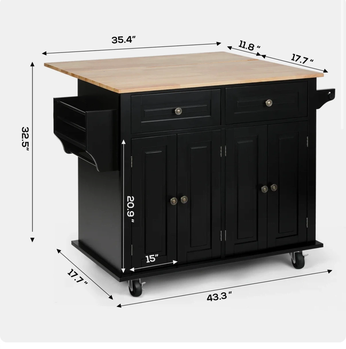 Black Kitchen Island with Drop Leaf Countertop - photo 4