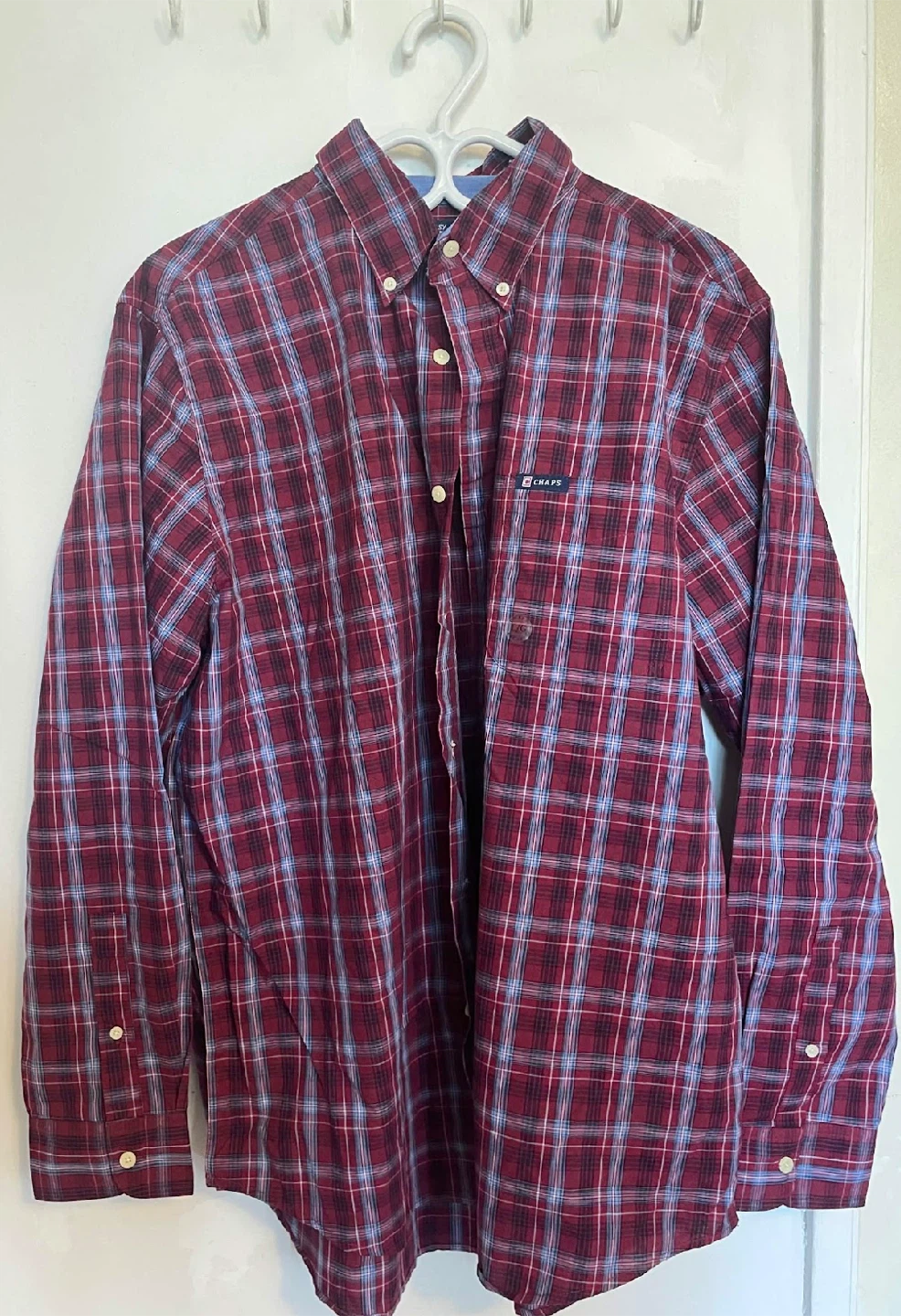 Red and blue button up shirt