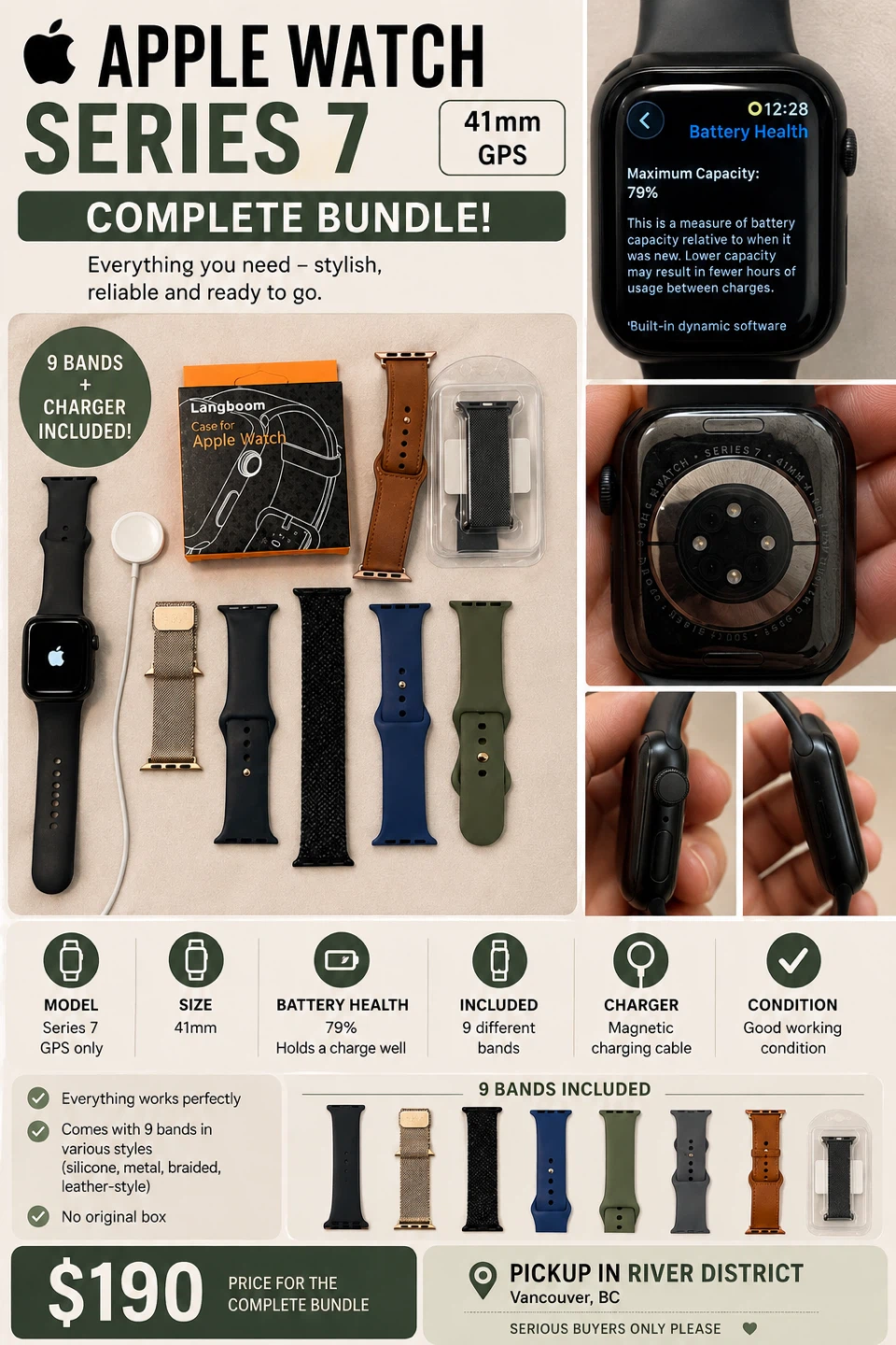 Apple Watch Series 7 GPS 41mm - Complete Bundle with 9 Bands