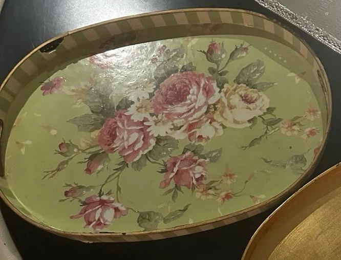 Decorative Oval Green Serving Tray with Flower Detail