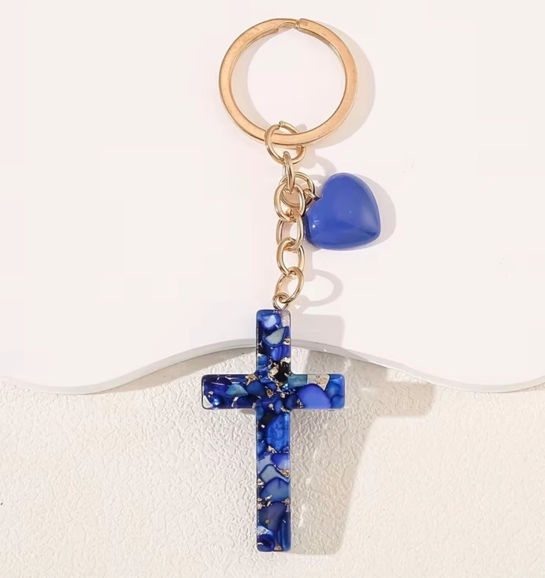 Blue Cross and Heart Keychain