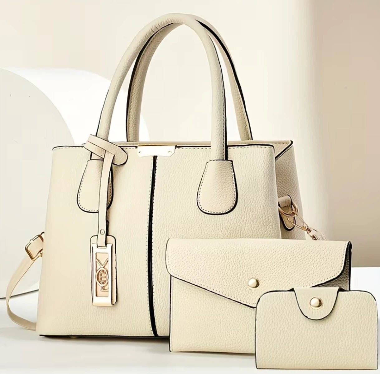 Cream Faux Leather Handbag Set with Wallet and Cardholder