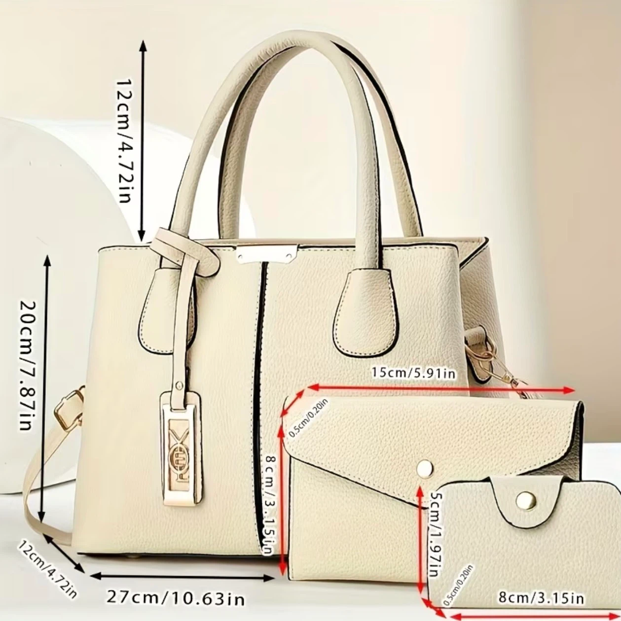 Cream Faux Leather Handbag Set with Wallet and Cardholder - photo 2