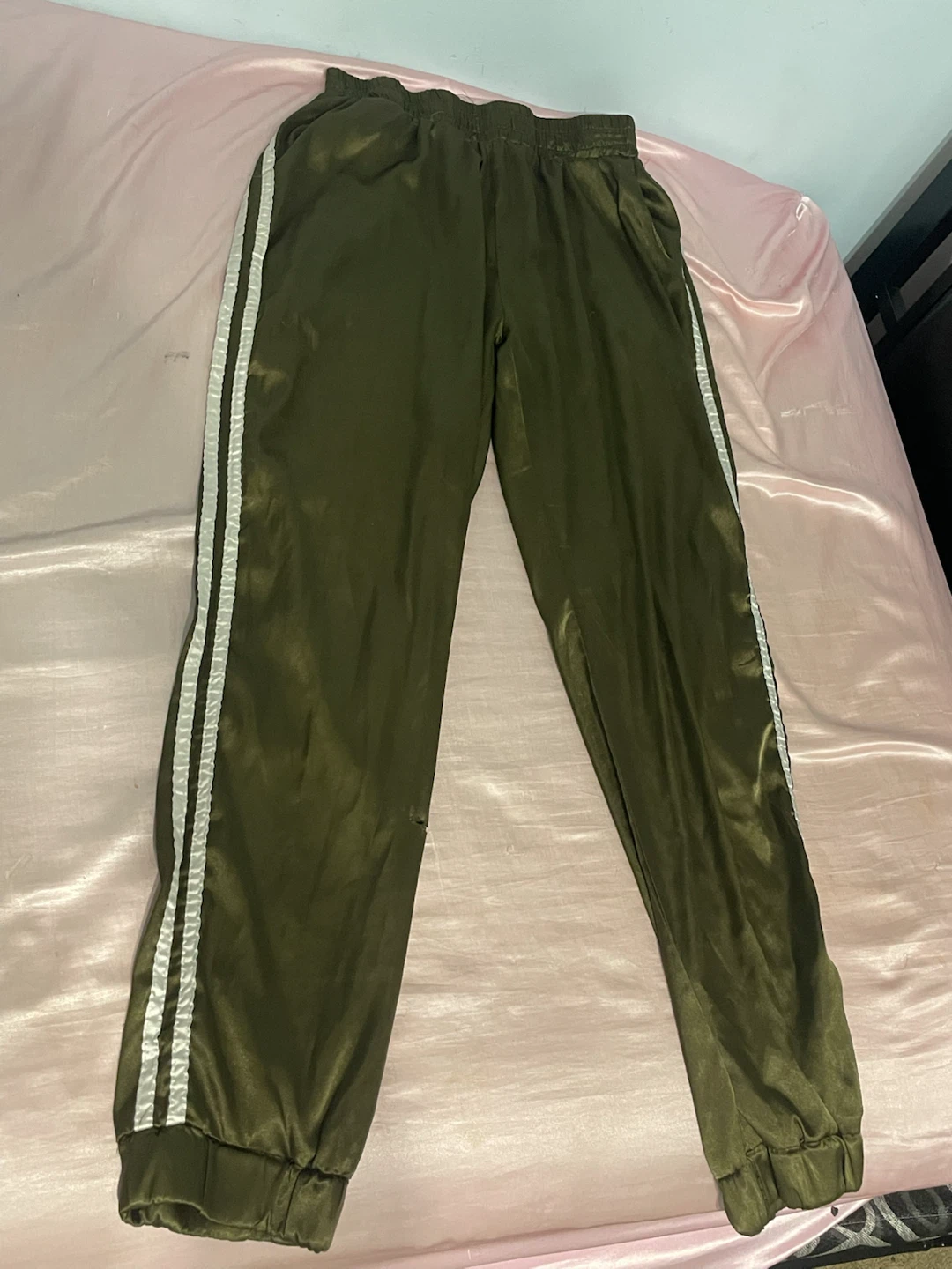 Olive Green Satin Track Pants