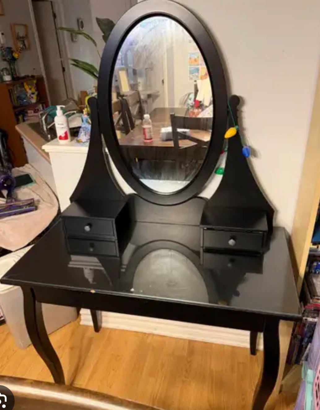 Black Vanity Table with Mirror and Drawers