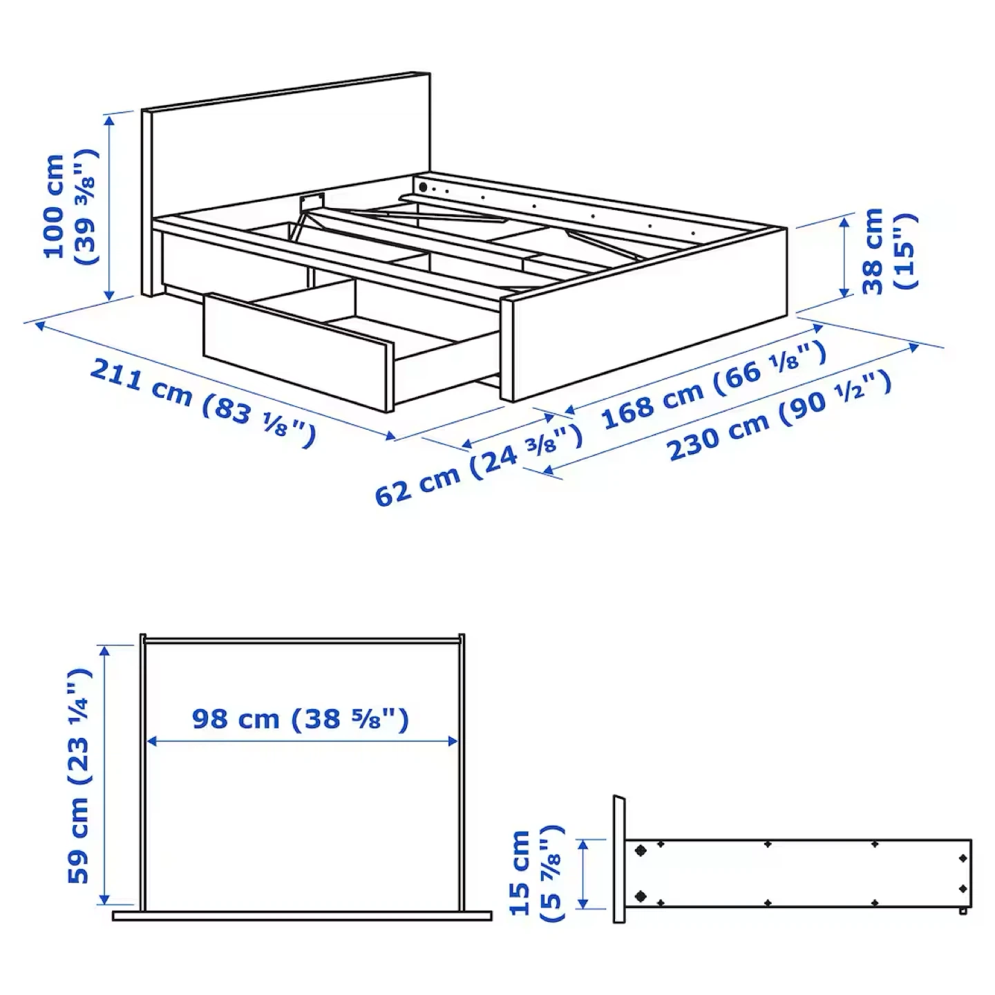 Queen Size Black Brown IKEA Malm Bed Frame + 2 Drawers - photo 2