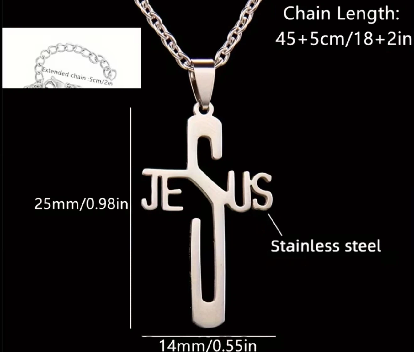 Jesus Cross Pendant Necklace Stainless Steel - photo 2