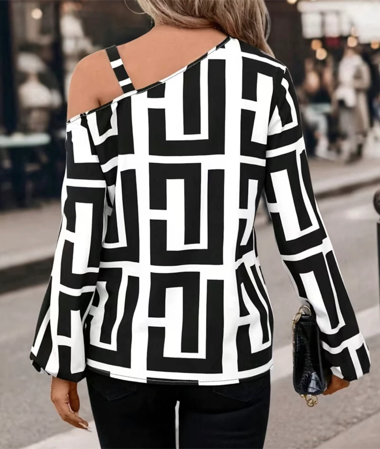Women's Black and White Geometric Print One-Shoulder Top - photo 2