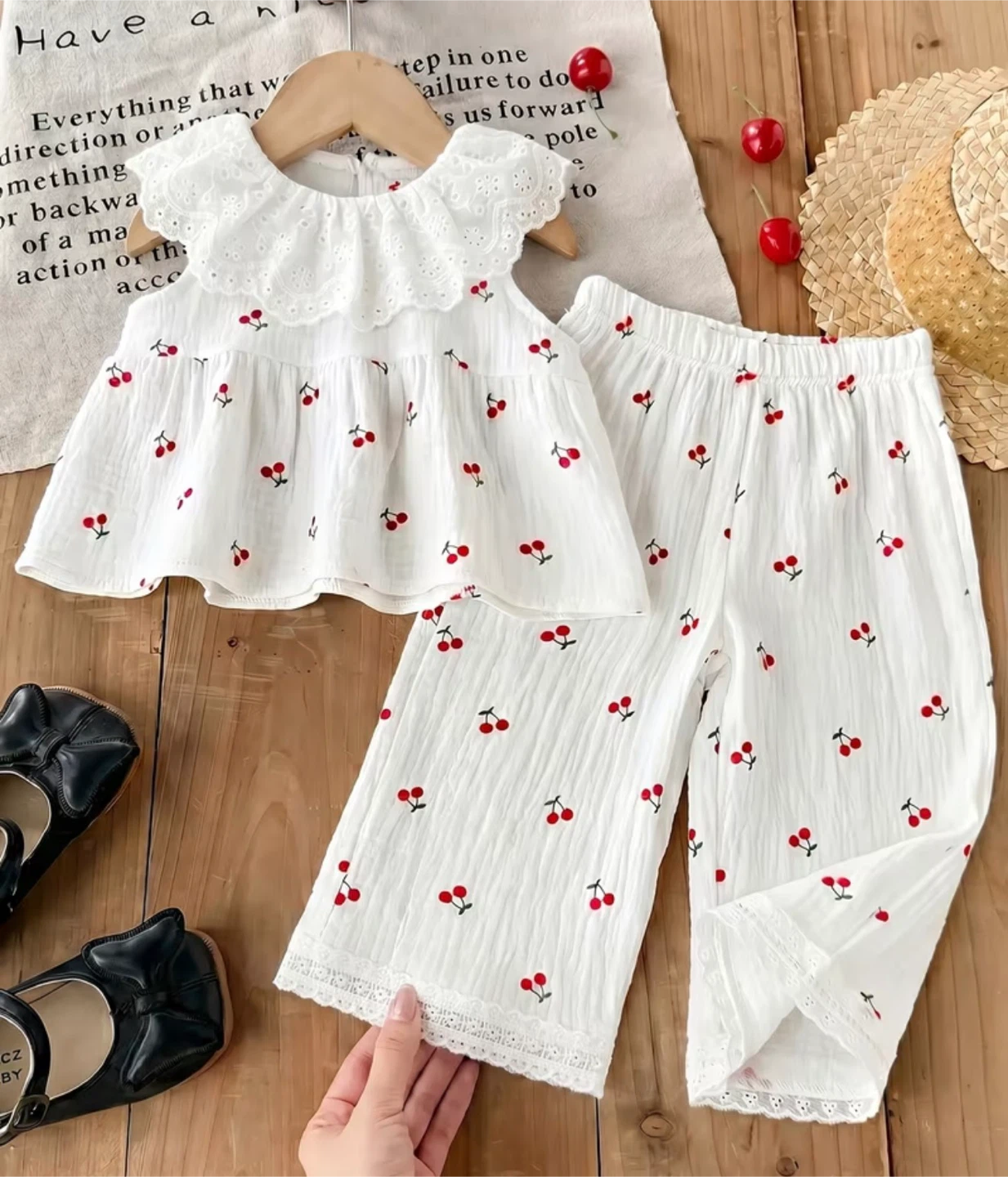 100% cotton Kids White Cherry Print Top and Pants Set