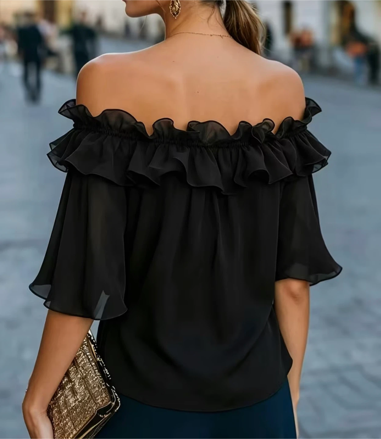 Black Off-the-Shoulder Ruffle Blouse - photo 2