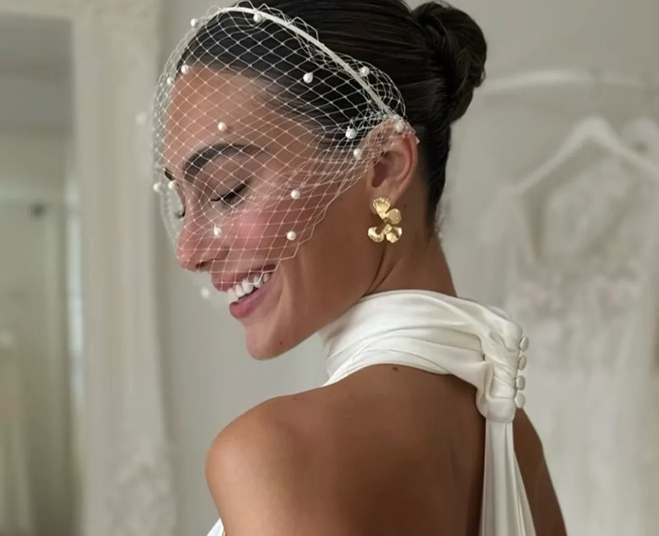 Bridal Pearl Embellished Birdcage Veil