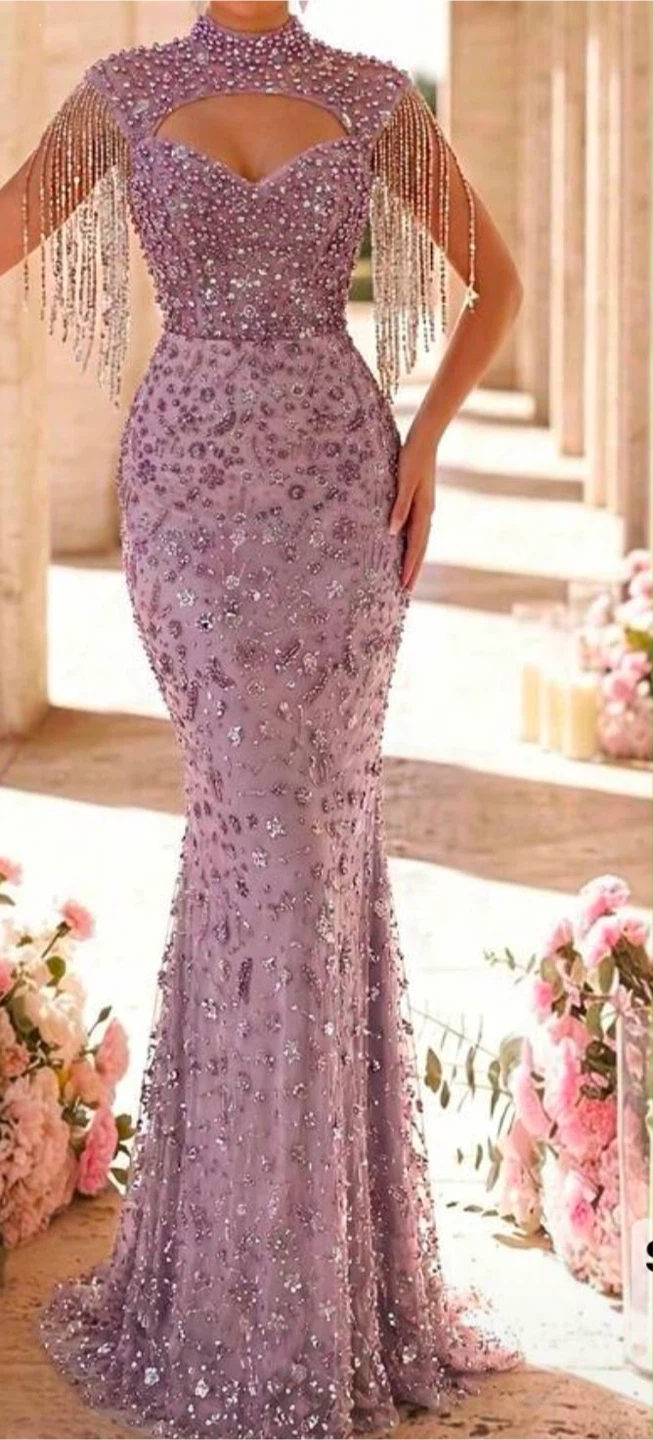 Sparkly Beaded Evening Gown with Fringe