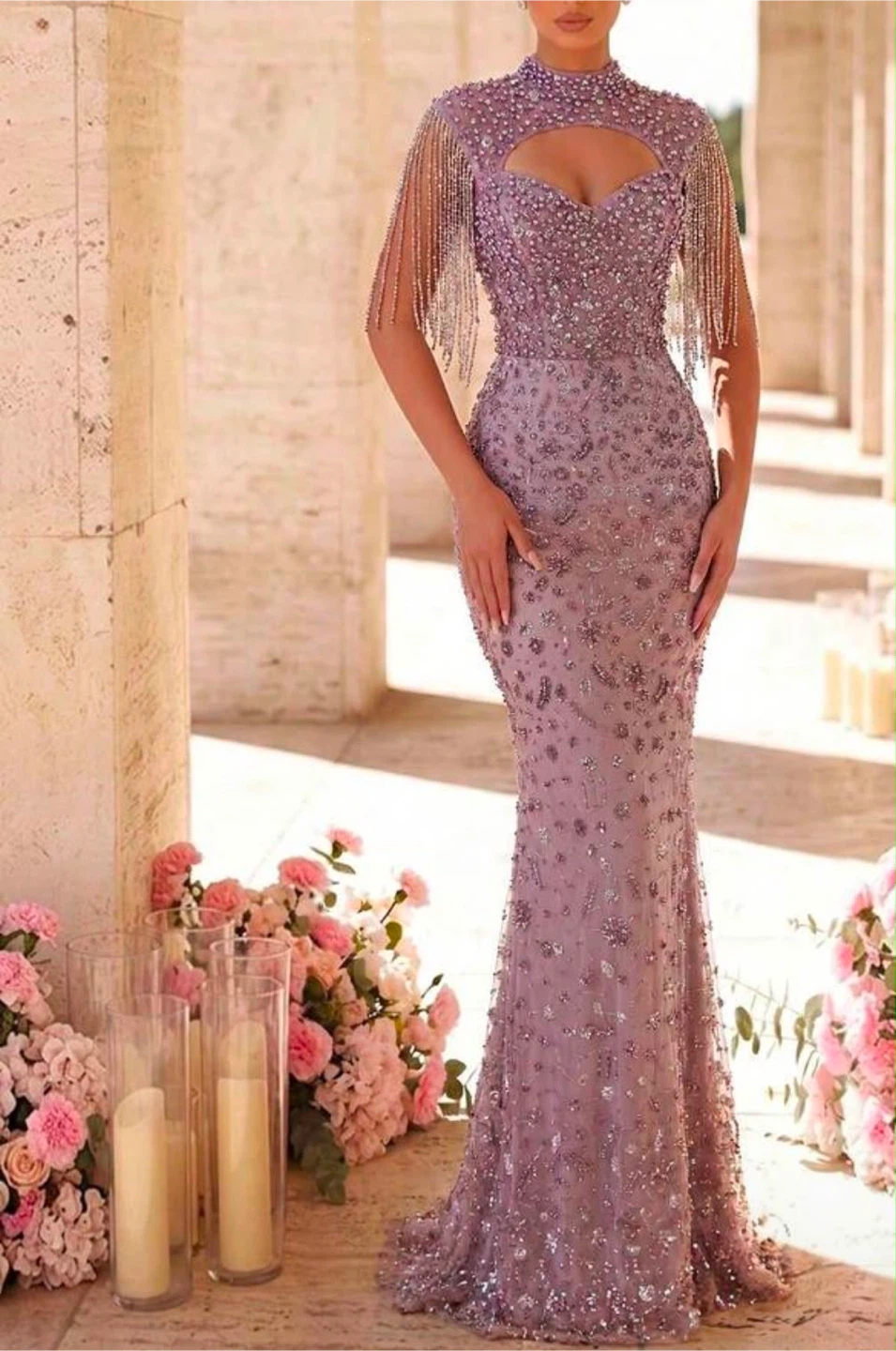 Sparkly Beaded Evening Gown with Fringe - photo 2