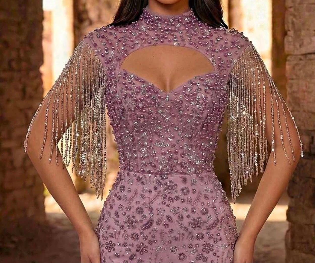 Sparkly Beaded Evening Gown with Fringe - photo 3