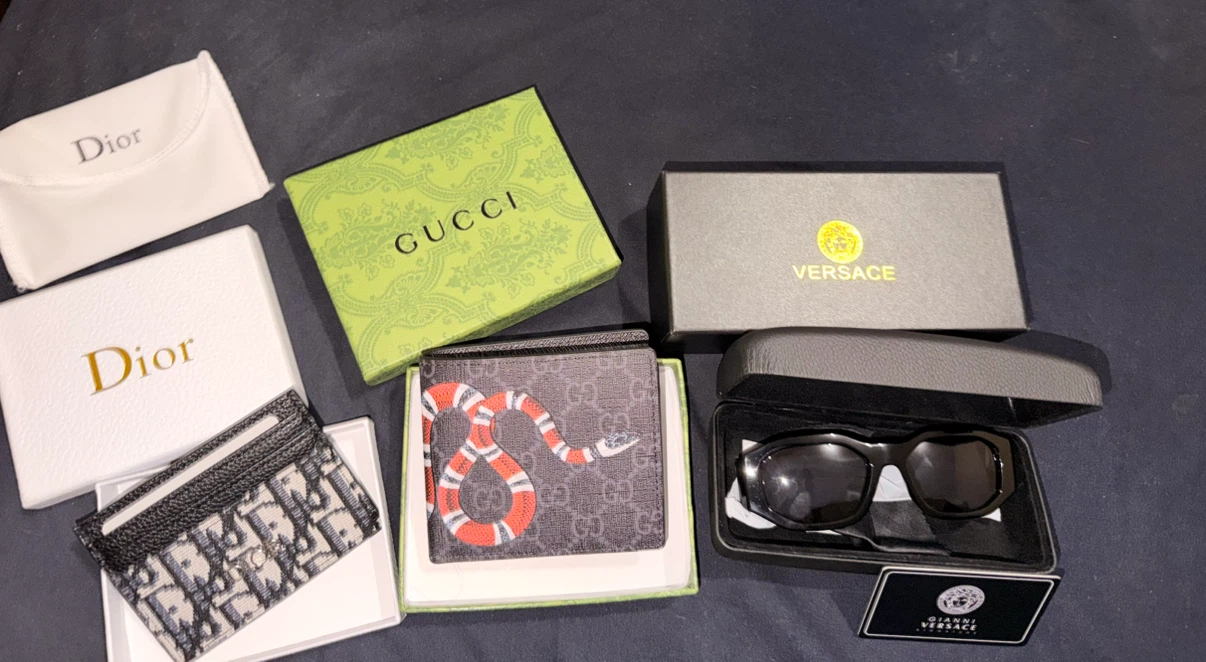 Versace glasses, gucci wallet, dior card holder