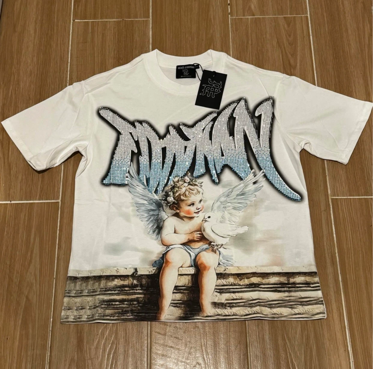 White Graphic T-Shirt with Rhinestone Design