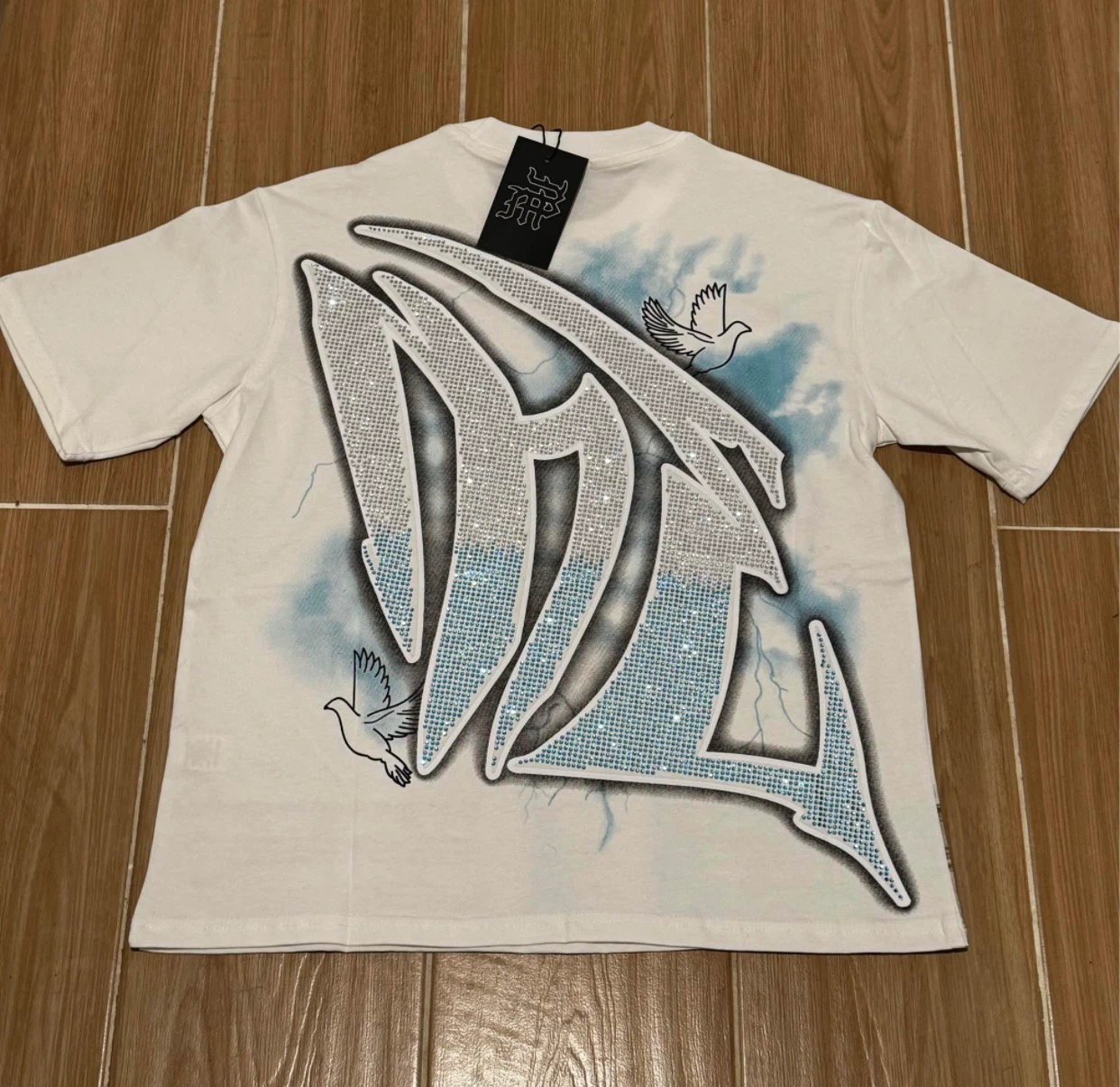 White Graphic T-Shirt with Rhinestone Design - photo 2